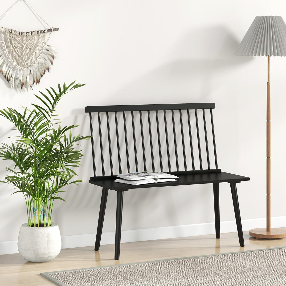 Giantex Dining Bench with Back, Black Windsor Bench with Spindle Back & Anti-Slip Foot Pads, Farmhouse Rubber Wood Dining Bench, Indoor Wooden Entryway Bench for Living Room, Dining Room, Hallway Giantex