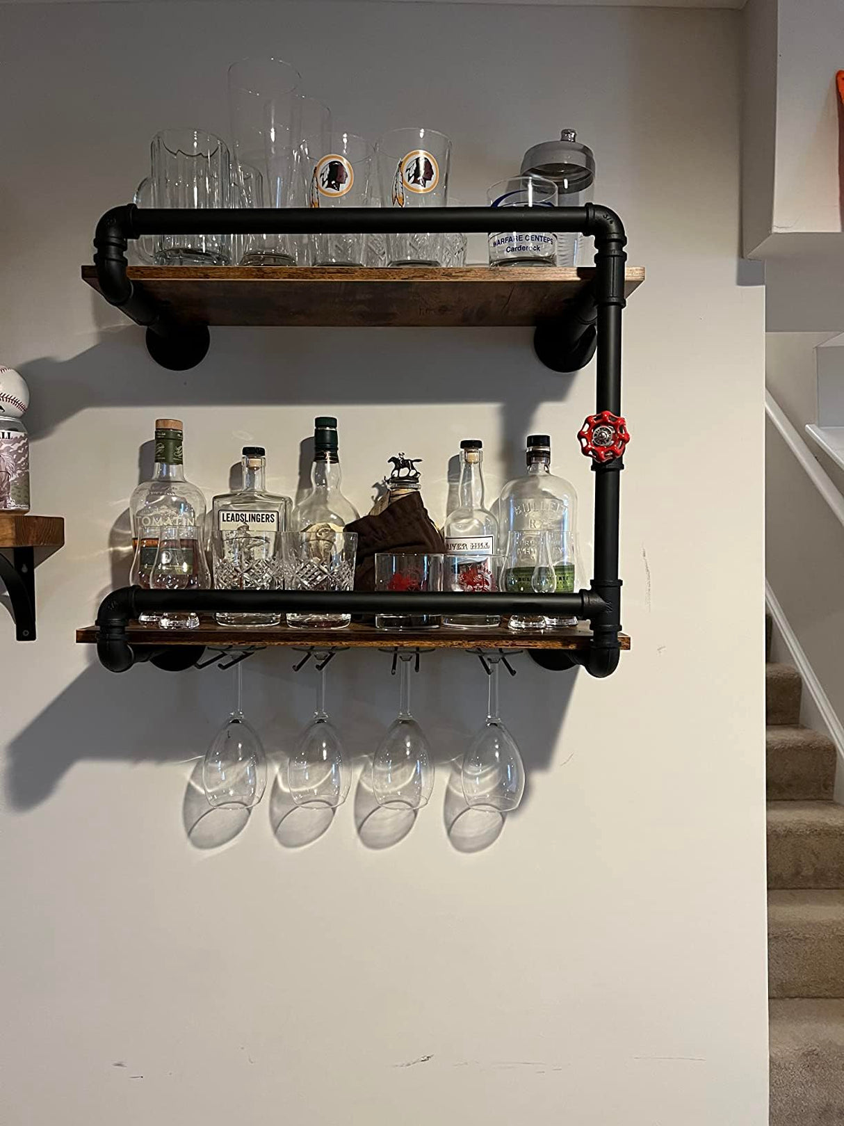 BOTAOYIYI Wine Rack Wall Mounted 2 Tier, Hanging Floating Small Mini Bar Liquor Shelves with Glass Holder Storage Under, Industrial Rustic Pipe Farmhouse Kitchen Decor Black(23.6x10.6x19.7) BOTAOYIYI