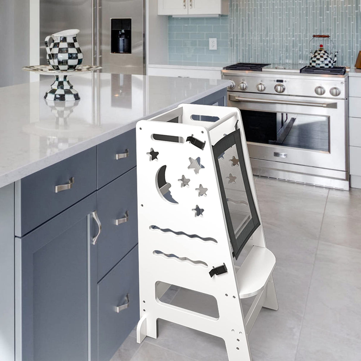 TOETOL Bamboo Toddler Kitchen Stool for Kids Step Stool - White Little Helper Tower Adjustable Height with Learning Black & White Activity Board1 TOETOL