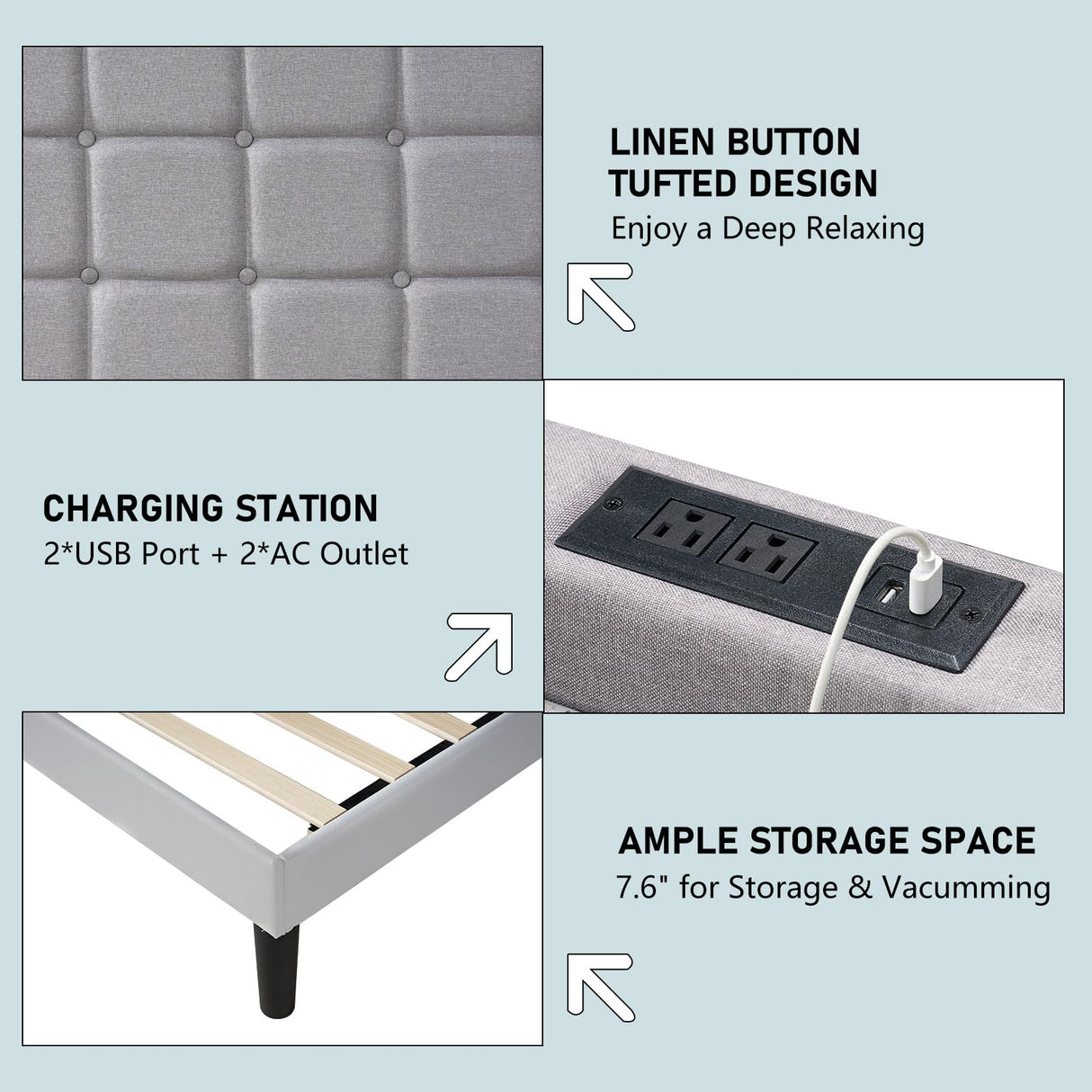 LUXOAK King Size Bed Frame with LED Headboard, Linen Button Tufted Upholstered Platform Bed with USB Charging Station, Strong Wooden Slats Support, No Box Spring Needed, Light Grey LUXOAK