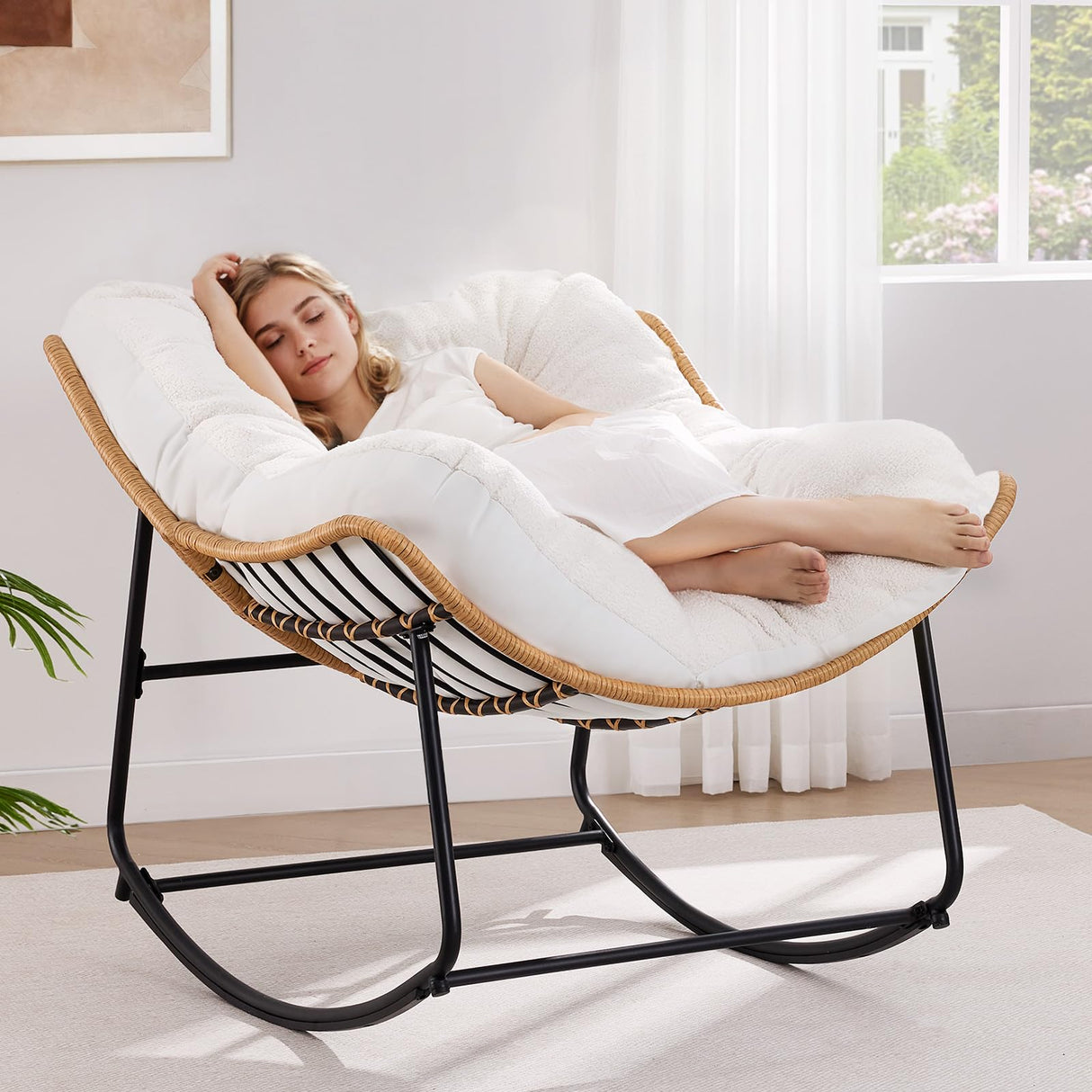 ONBRILL Outdoor Rocking Chairs, Oversized Papasan Rocking Chair Indoors with Padded Cushions, Rattan Wicker Lounge Chair for Living Room, Porch, Patio, Garden ONBRILL