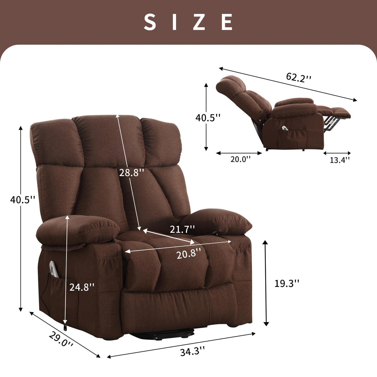jonpony Power Lift Recliner Chair for Elderly, Lift Chair with Massage and Heat for Living Room, Fabric Electric Recliner Chairs with Side Pockets, USB Charge Port,Brown jonpony