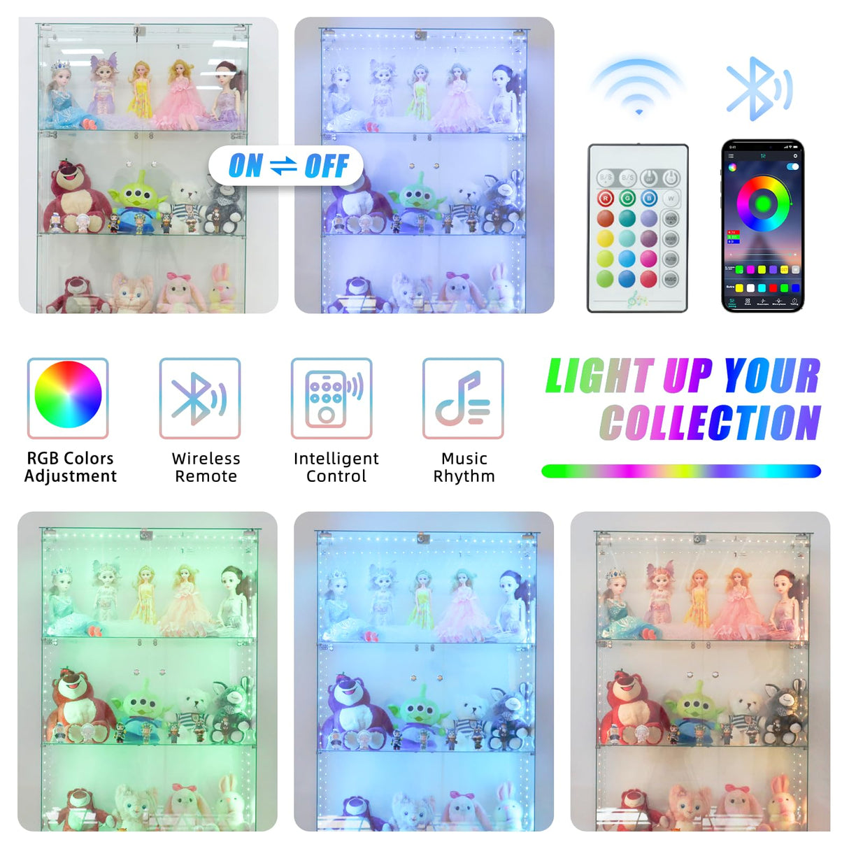 Fetuero Glass Display Cabinet,5 Shelves Double Door LED Lights Curio Cabinet for Collection with Wheels, 74.8" High Glass Display Case for Living Room Bedroom Playroom Office,White Fetuero