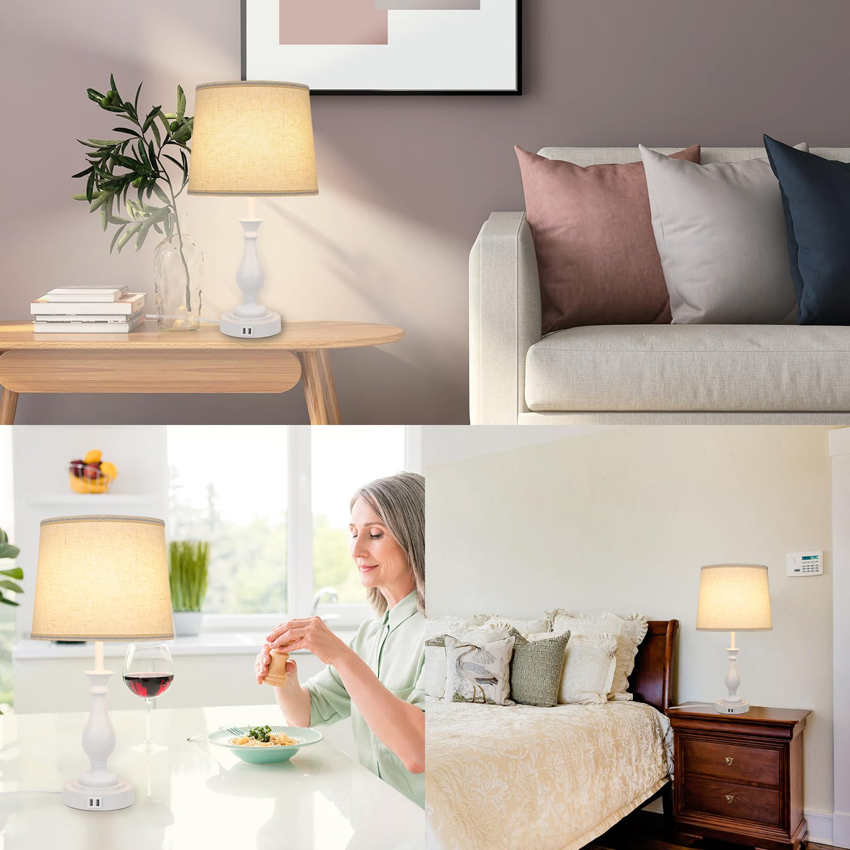 Farmhouse Table Lamp Touch Control 3-Way Dimmable Table Lamp, Modern Nightstand Lamp with 2 USB Port Bedside Desk Lamp with Fabric Shade for Living Room Bedroom Hotel (Pack-01 White) LALISU