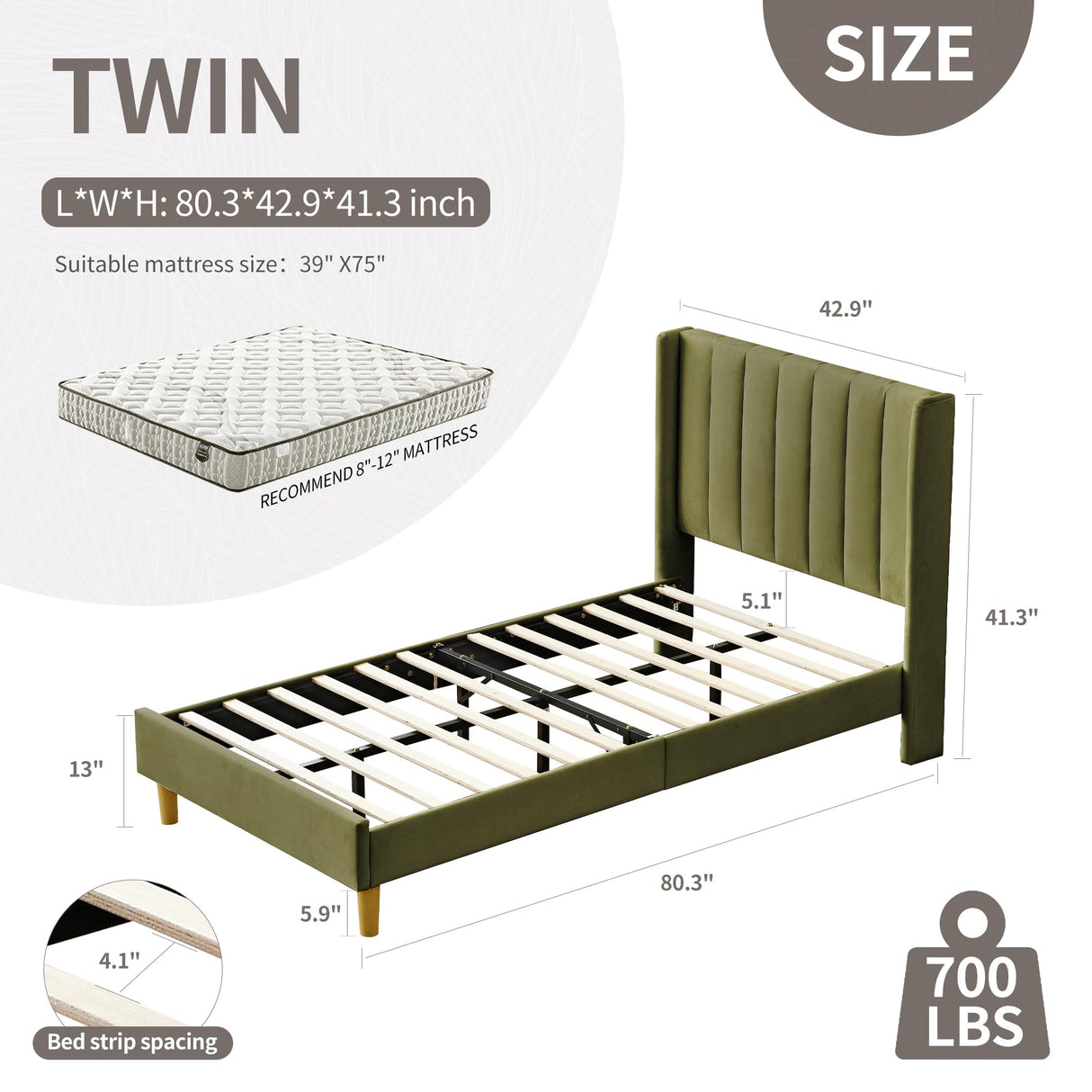 YUHUASHI upholstered Platform Bed Frame/Twin Bed Frame/Modern Geometric Double-Wing Design headboard/Velvet Fabric/Easy to Assemble no Noise (Grass Green, Twin) YUHUASHI