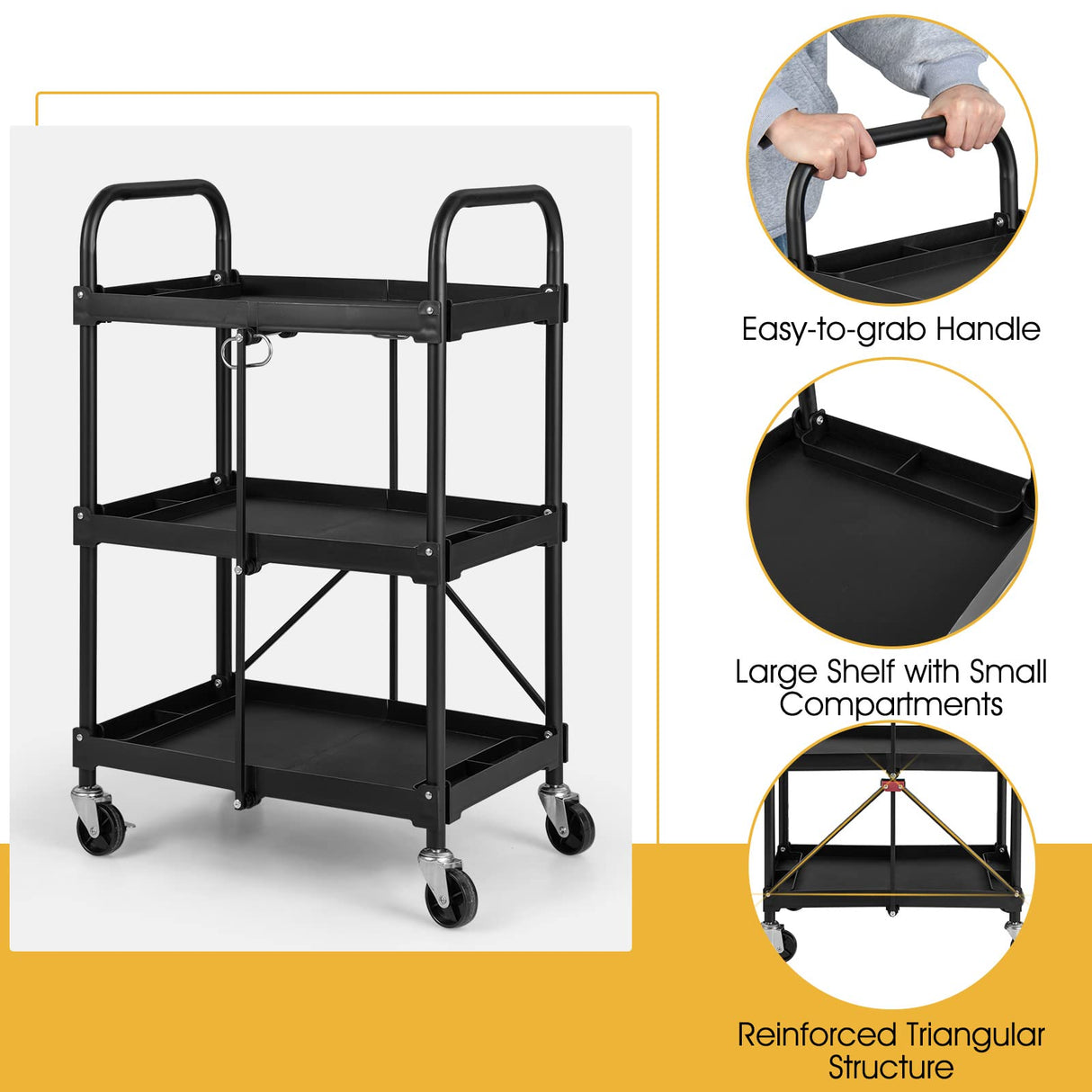 Goplus Folding Utility Cart, 3-Tier Rolling Tool Cart w/Lockable Wheels, 300LBS Capacity, Divided Storage Compartments, Collapsible Metal Service Goplus