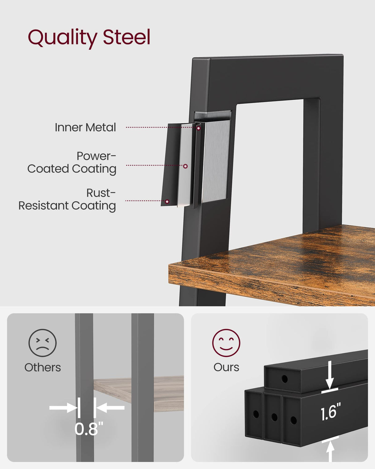 VASAGLE Rustic Brown 5-Tier Ladder Shelf - Durable Storage Rack with Steel Frame VASAGLE