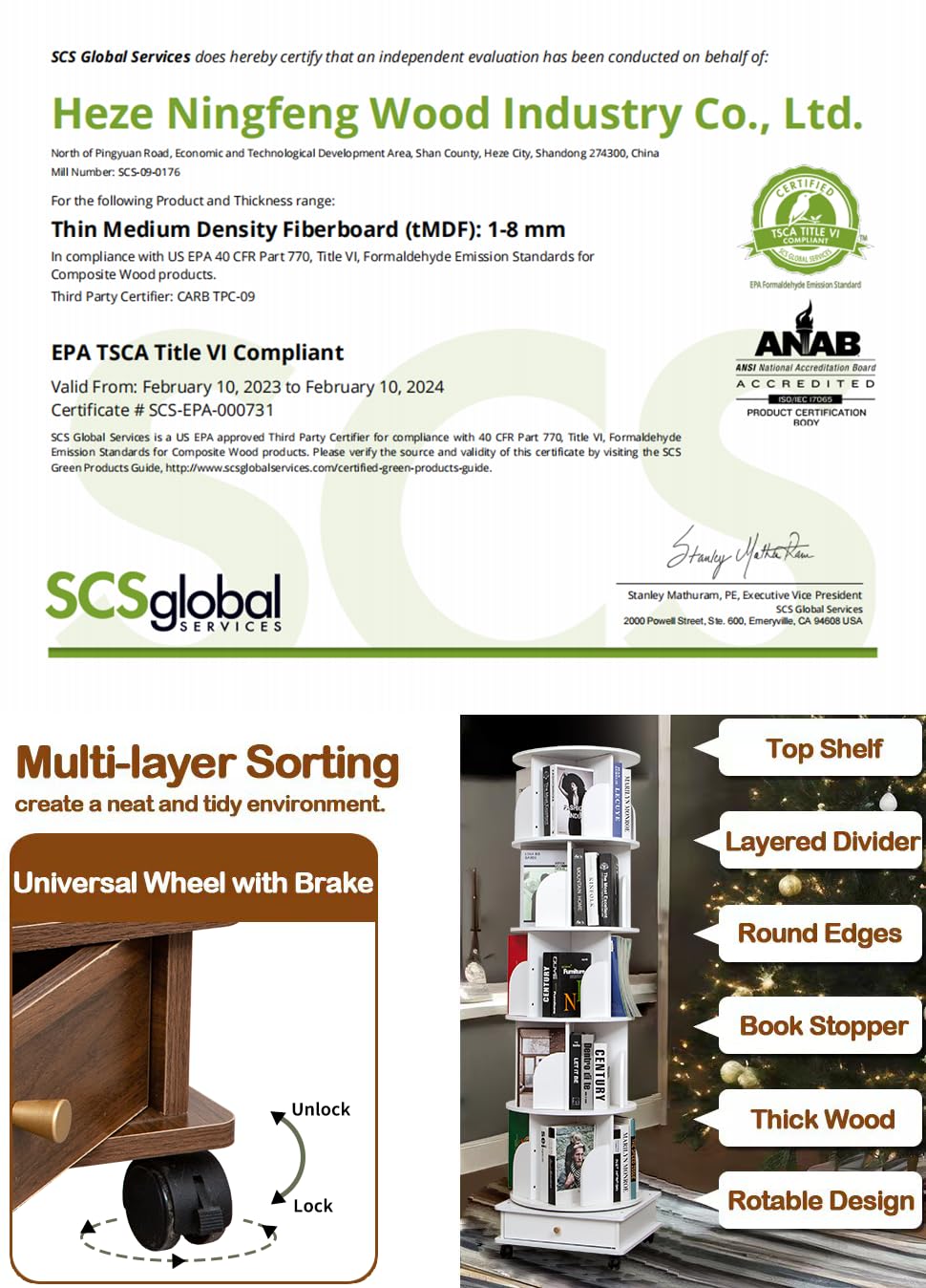 360-Degree Rotating Wooden Bookshelf Tower with Wheels and Storage Drawers DGYLHBJ