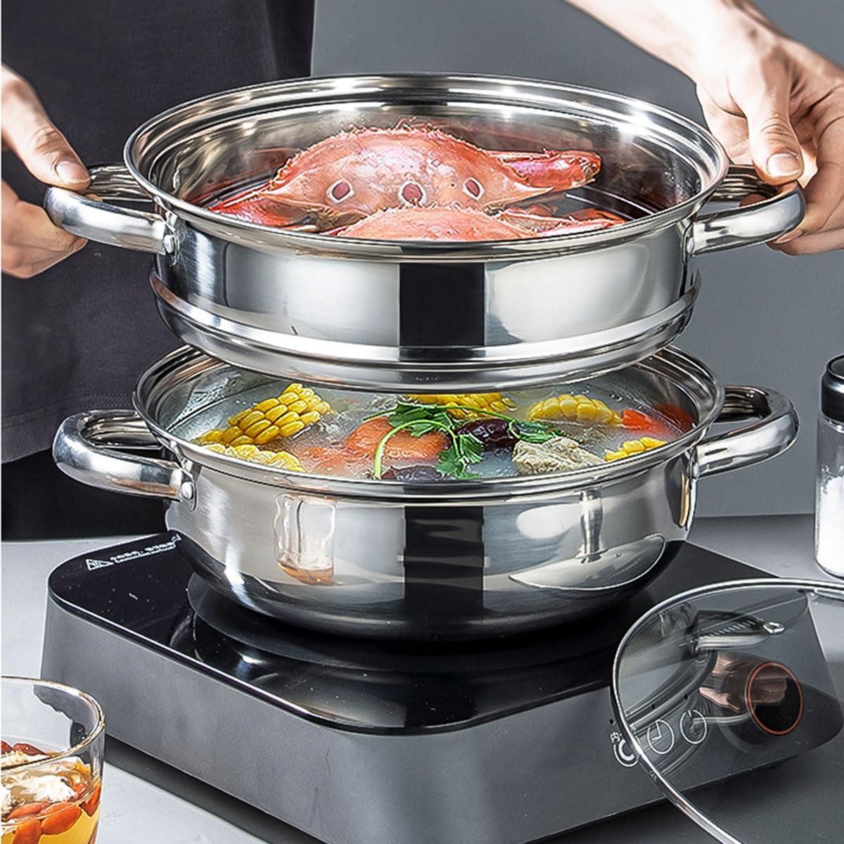 Steamer Pot for Cooking 11-inch Steam Pots with Lid, Multipurpose Steam Pot Stainless Steel Steaming Pot Cookware with Handle for Vegetable, Stews, Pasta, Dumpling, Sauce, Food (3 Tier) KDLCY