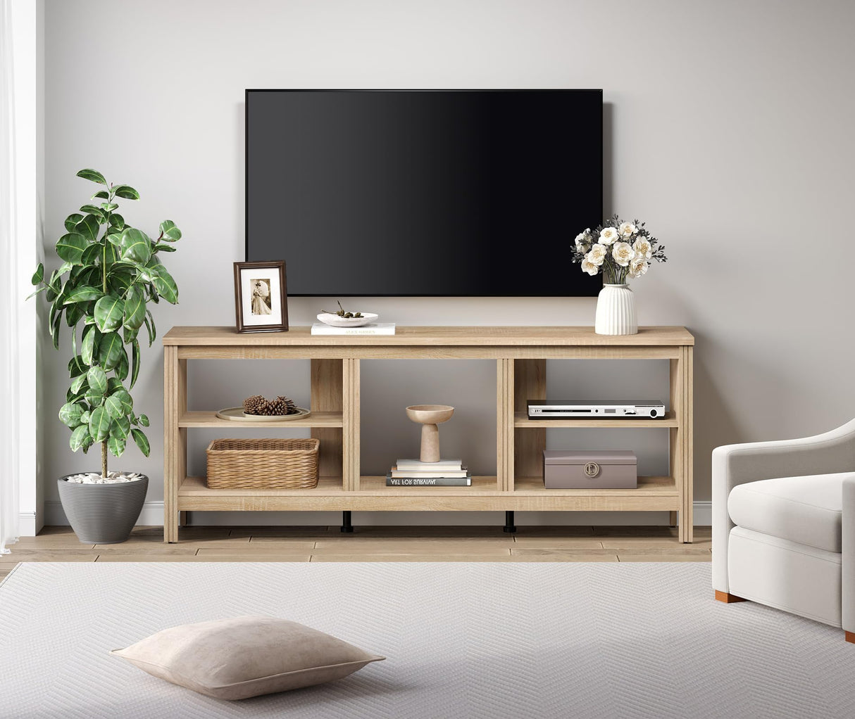 WAMPAT Farmhouse TV Stand for TVs up to 75 Inch, Oak Entertainment Center for 80 inch TV Console Table with 5 Cubby Storages for Living Room Bedroom, 70 inch WAMPAT