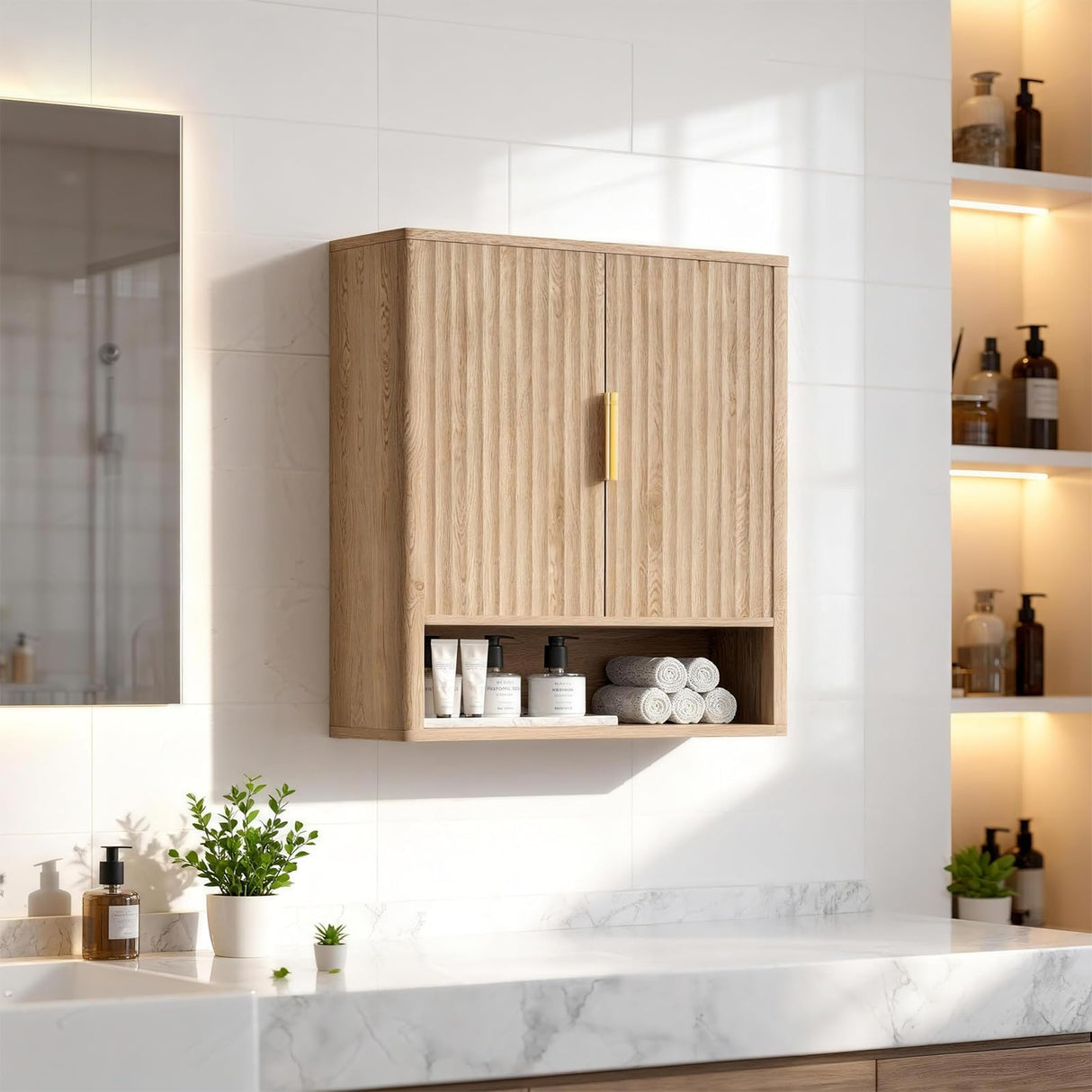 Rovaurx Fluted Medicine Cabinet with 2 Doors, Bathroom Wall Cabinet, Curved Profile Wall Mounted Cupboard with Adjustable Shelf, for Bathroom, Kitchen, Laundry Room, Natural Rovaurx