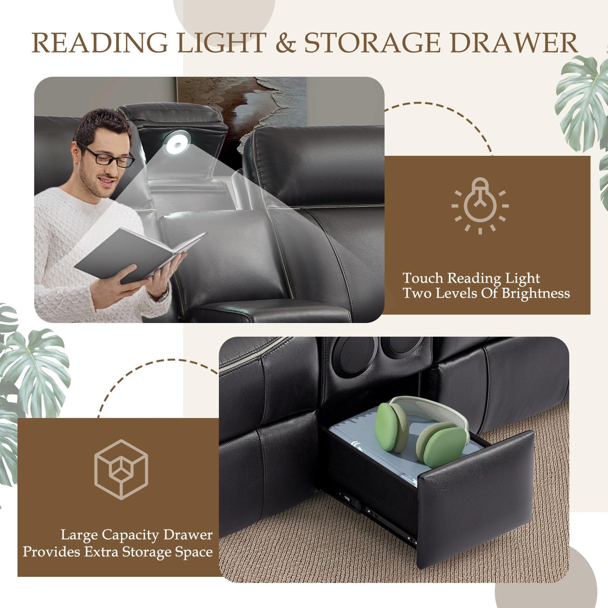 Neptane Power Reclining Loveseat with LED Reading Light/Storage Drawer/Bluetooth Speakers, Power Loveseat Recliner Sofa, Wall Hugger Reclining Loveseat with Outlets(Black, 2 Seat with Console) Neptane