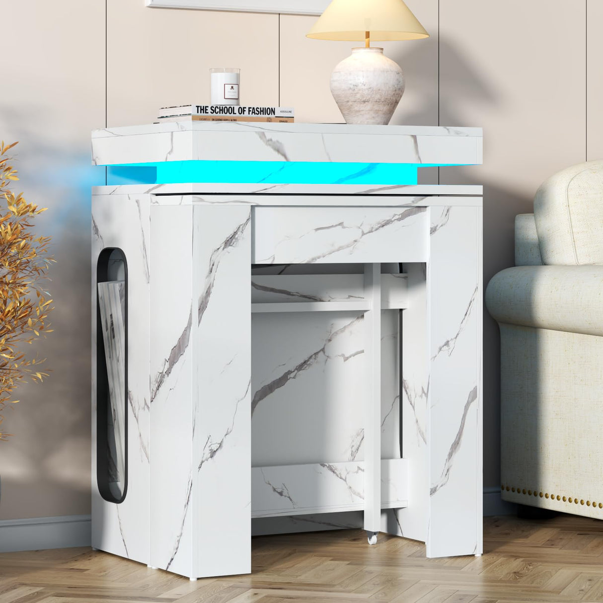 Extendable Dining Table with Charging Station & LED Lights, 19.7" to 98.4" White Faux Marble Dining Table, Rectangle Console Table for 2-8, Modern Space Saving Kitchen Island Table (No Chairs) Gyfimoie