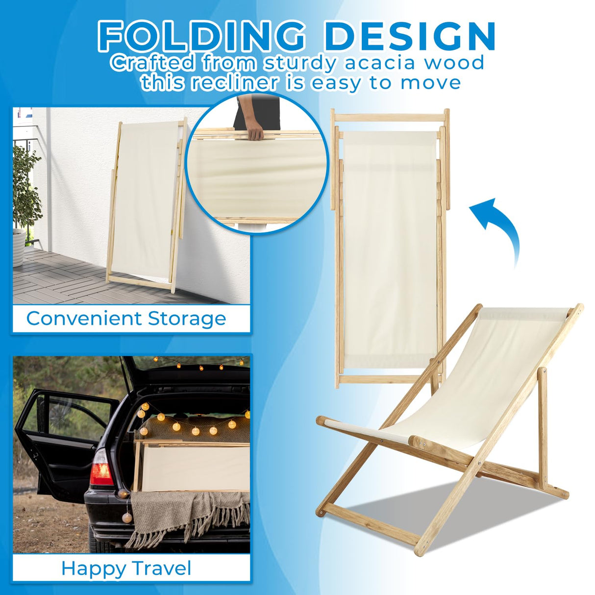 ketive Patio Lounge Chairs Set of 2 Adjustable Outdoor Wooden Sling Chairs, Made of Acacia Wood and Oxford Cloth, 250 lbs Capacity, Foldable and Easy to Carry for Patio and Indoor Use ketive