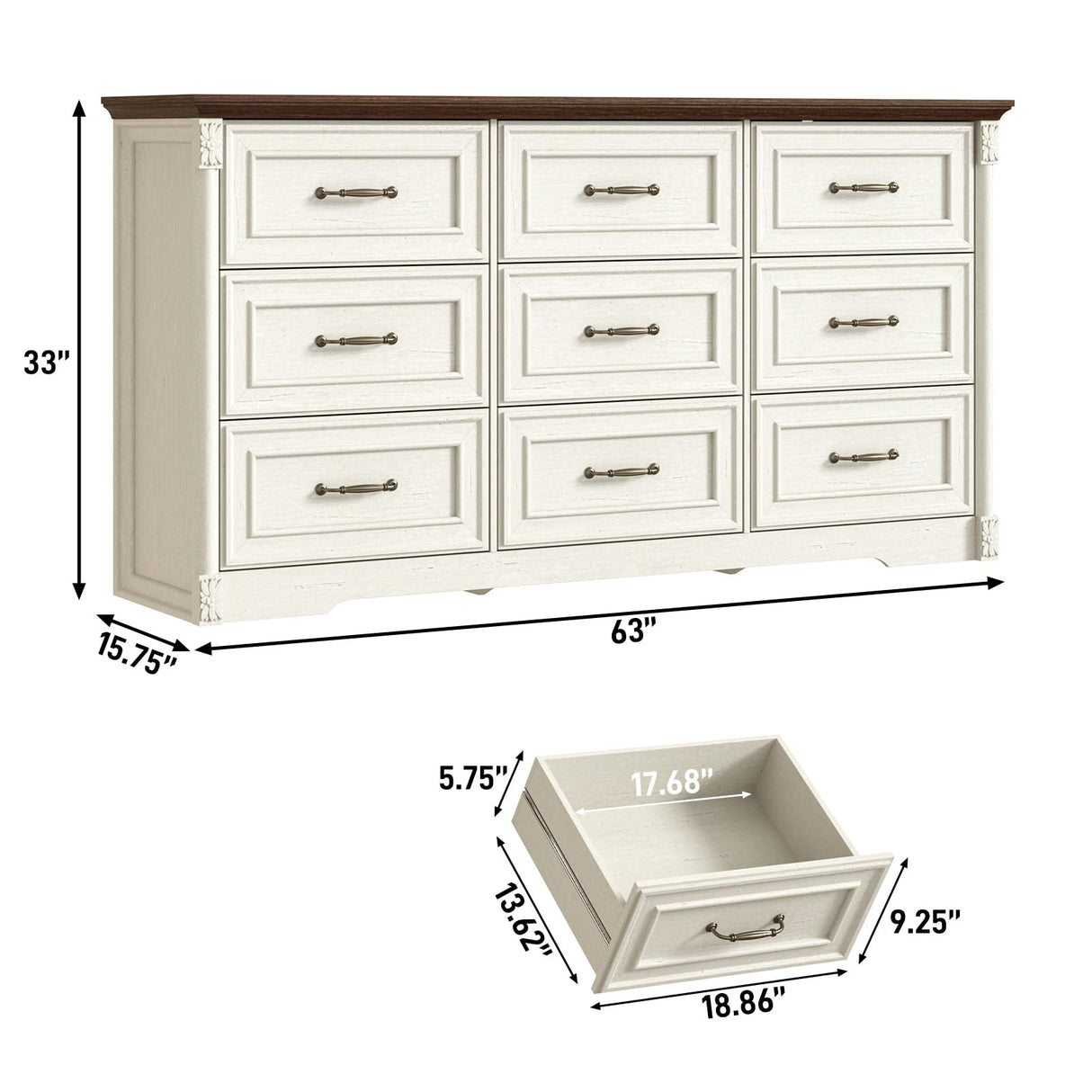 Farmhouse Wood 9 Drawer Dresser for Bedroom,Embossed Roman Column Wood Rustic 63 Inch Wide Dresser & Chest of Drawers with Rustic Handles,Tall Storage Organizer for Bedroom(Antique White) chartustriable
