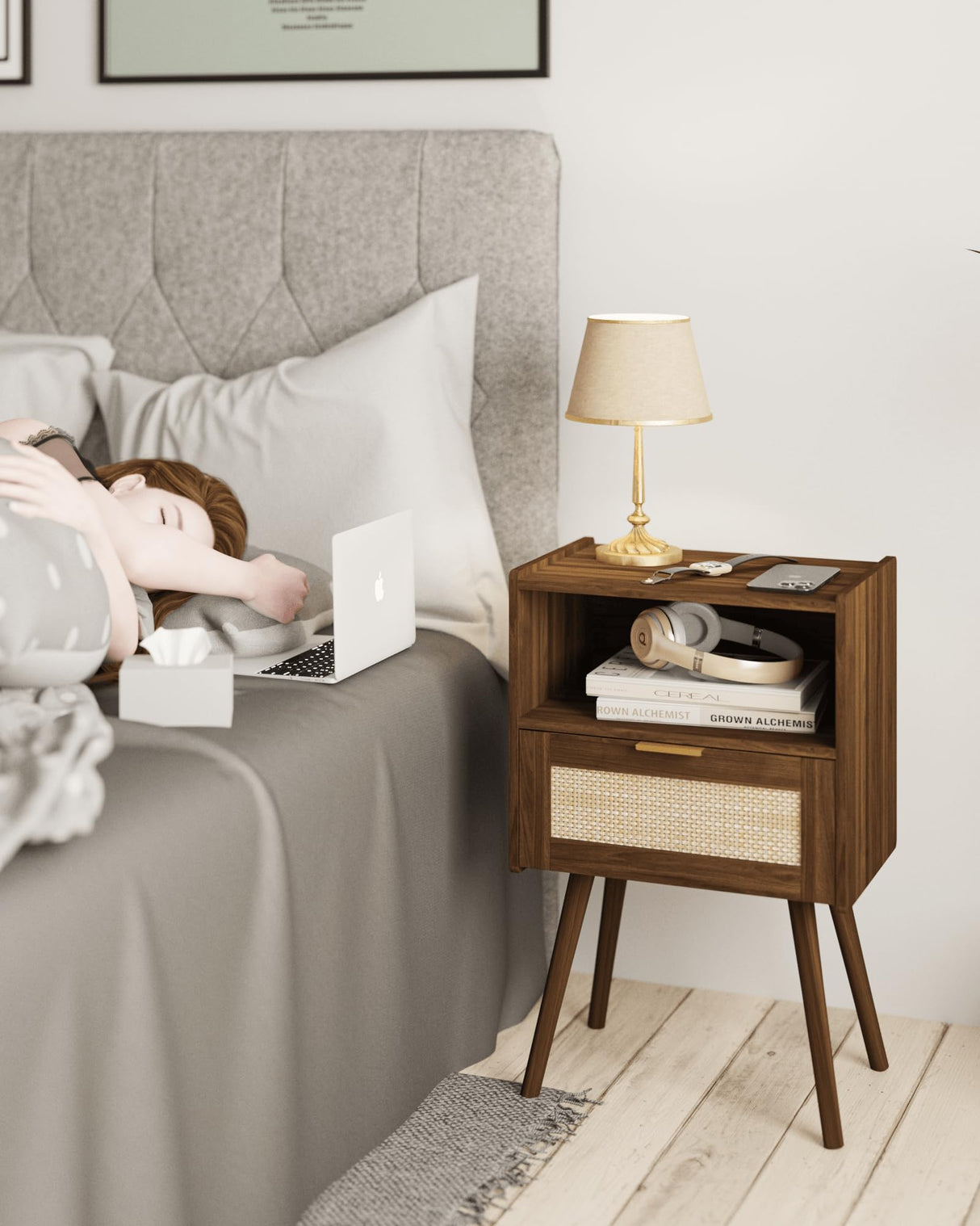 Veegle Rattan Nightstand,Modern Bedside Table with Storage Drawer and Open Wood Shelf, for Living Room, Bedroom and Small Spaces, Accent Night Stand with Solid Wood Legs, Easy Assembly,Walnut Brown Veegle