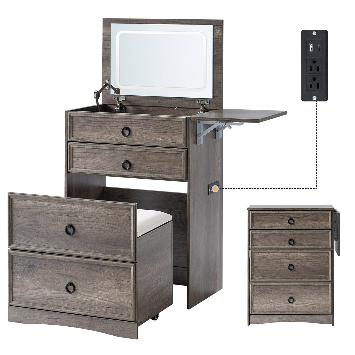 AMERLIFE 3-in-1 Makeup Vanity with Sliding Stool, Fold-up Panel, Divided Storage & Power Port, Farmhouse Makeup Table with Adjustable LED Light, for Small Space, Rustic Oak AMERLIFE