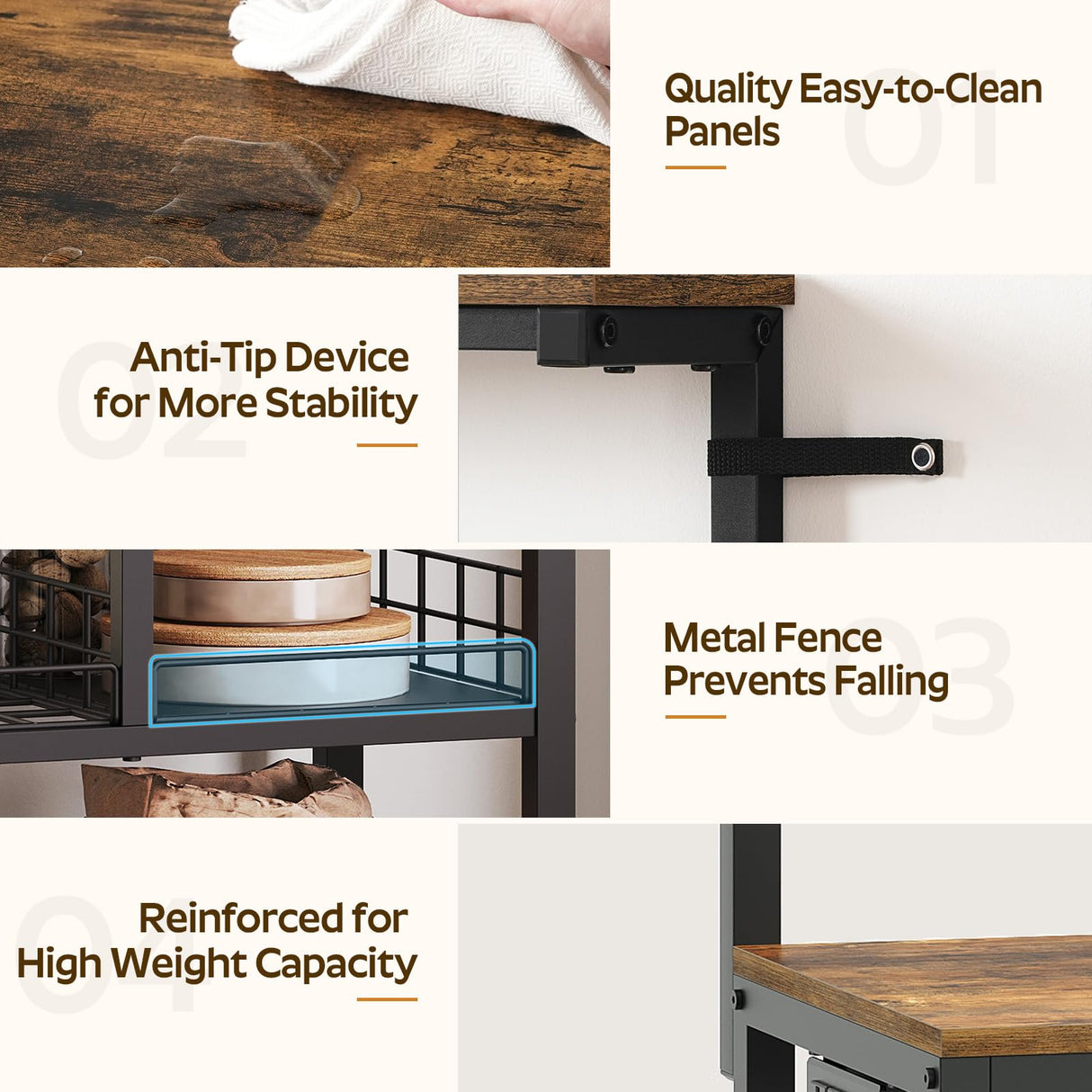 YATINEY Bakers Rack, 4-Tier Microwave Stand, Bakers Rack with Power Outlet, Kitchen Storage Rack with Wine Glass Holder and Paper Holder, for Kitchen, Dining Room, Living Room, Rustic Brown HB02UBR YATINEY