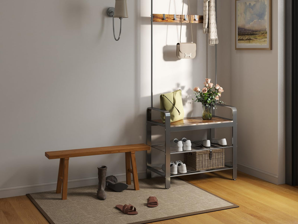 RUBAPOSM Handmade Solid Wood Noodle Bench 45 in Long Farmhouse Bench for End of Bed Entryway Slim Shoe Storage Stool Entry Stool Hallway Dining Farmhouse or Living Room RUBAPOSM