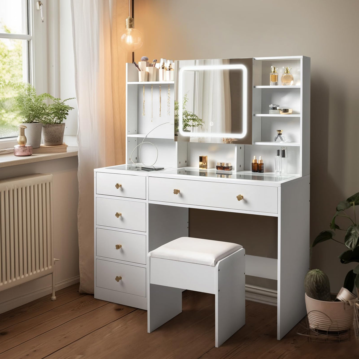 Karl home Makeup Vanity with Lighted Mirror Bedroom Vanity Desk with Charging Station Large Vanity Set with Transparent Desk, Drawers, Cabinet, Shelves for Storage in Bedroom, White Karl home