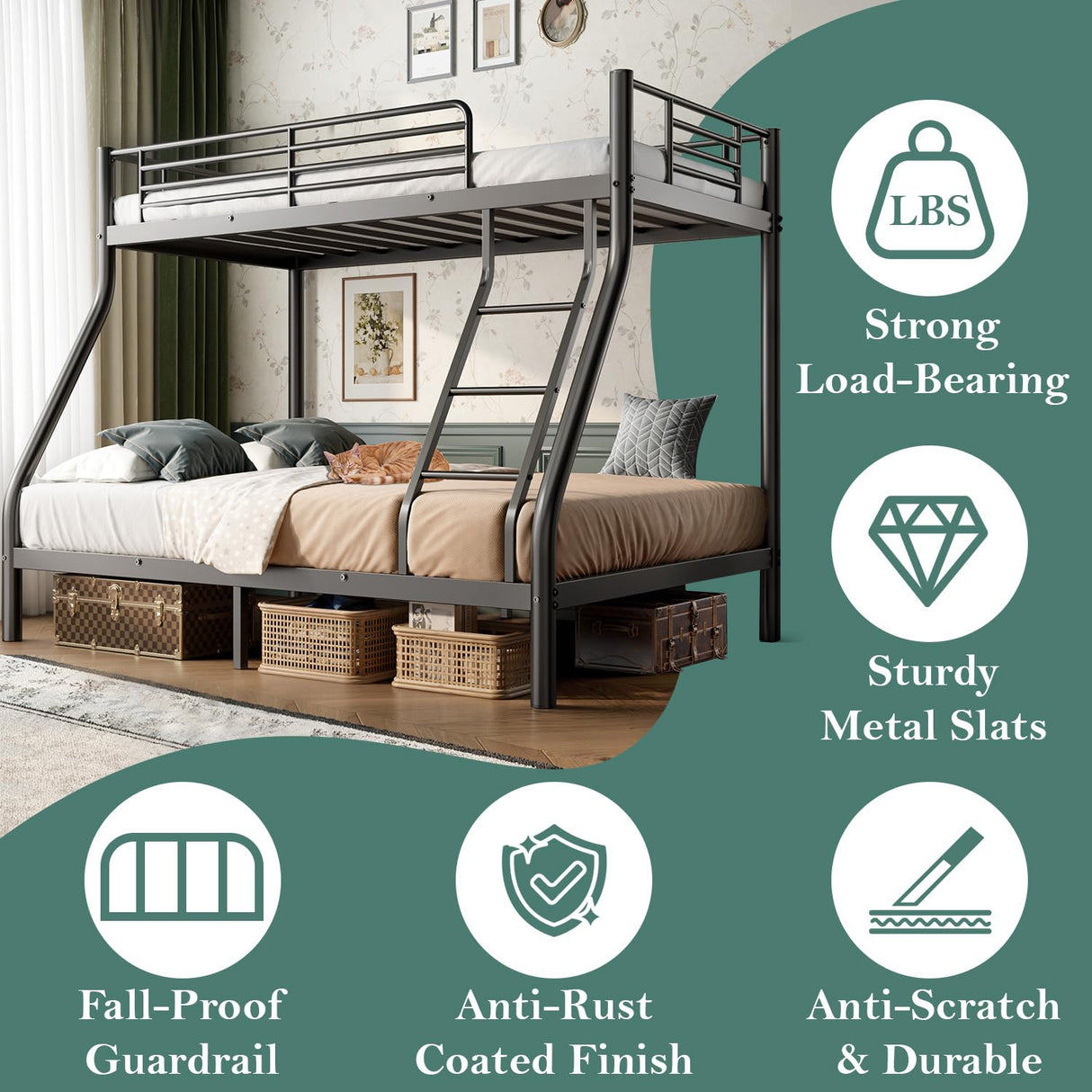 Cyranture Bunk Beds Twin Over Full Size, Heavy Duty Bunk Beds with Bottom Space & Guardrail Metal Bunk Bed Frame for Aldults Dorm Bedroom Guest Room, No Box Spring Needed(Upgrate Black) Cyranture