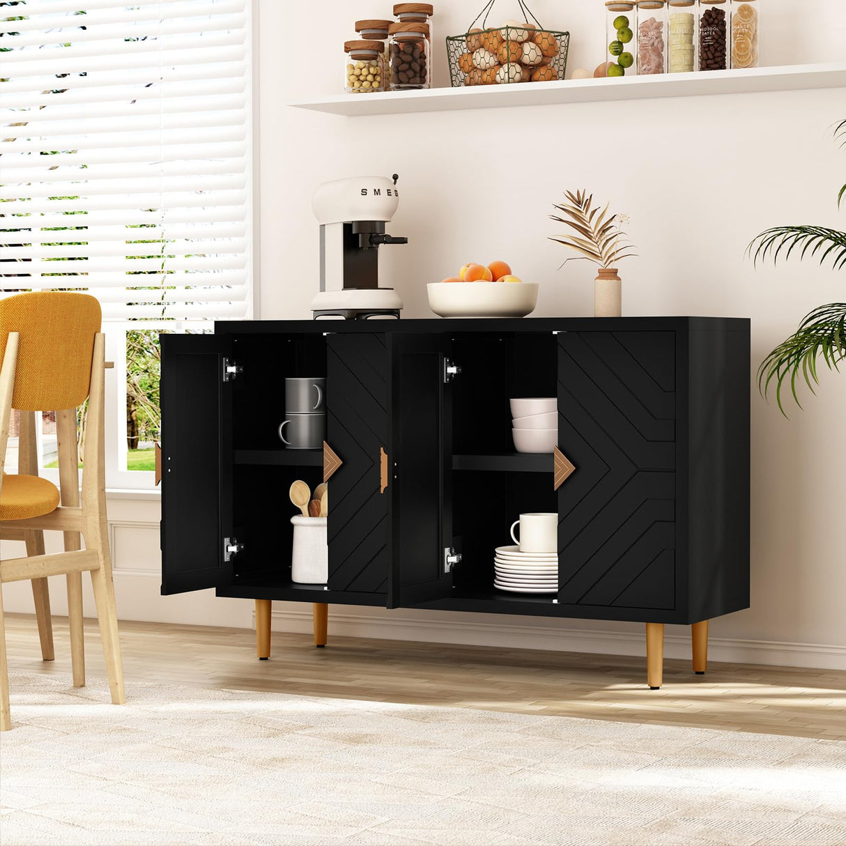 HLR 48" Accent Cabinet with 4 Doors and Shelves, Modern Sideboard Buffet Cabinet with Decorative Embossed Pattern Doors, Credenza Storage Cabinet for Living Room, Kitchen, Dining Room, Hallway HLR