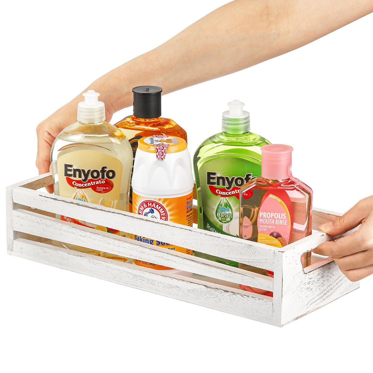 Noamus 2 Pack Bathroom Decor Box, Wooden Toilet Paper Holder, White Toilet Storage Basket, Toilet Tissue Tray with Handles for Home Decor, Farmhouse Tank Topper, Bathroom Kitchen Counter(2 Size) Noamus