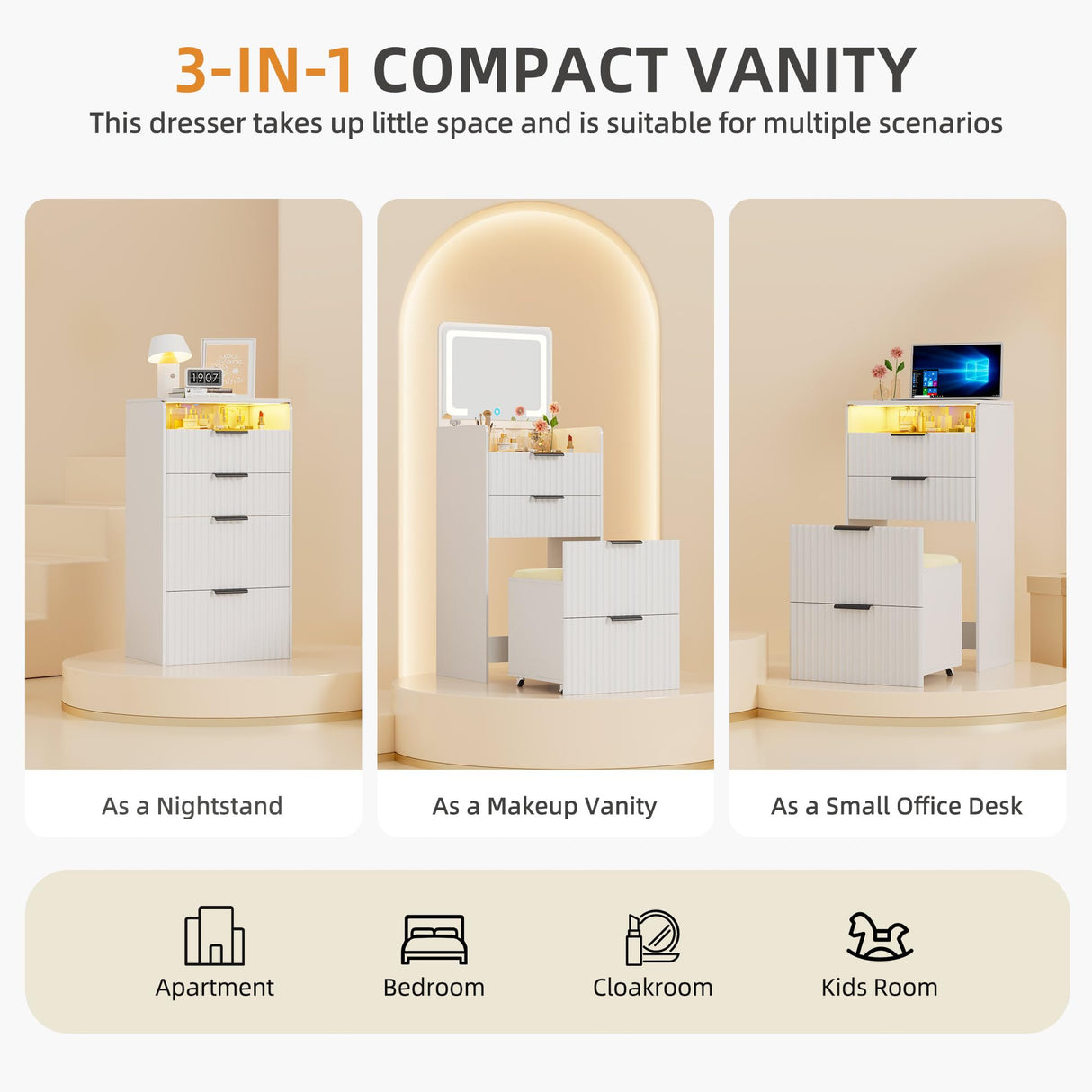 Gurexl Fluted Small Vanity Desk with Mirror and Lights, 3-in-1 Compact Makeup Vanity Set with Hidden Storage Stool, Mini Dressing Table with 3 Drawers, Gift for Little Girls/Kids (White) Gurexl