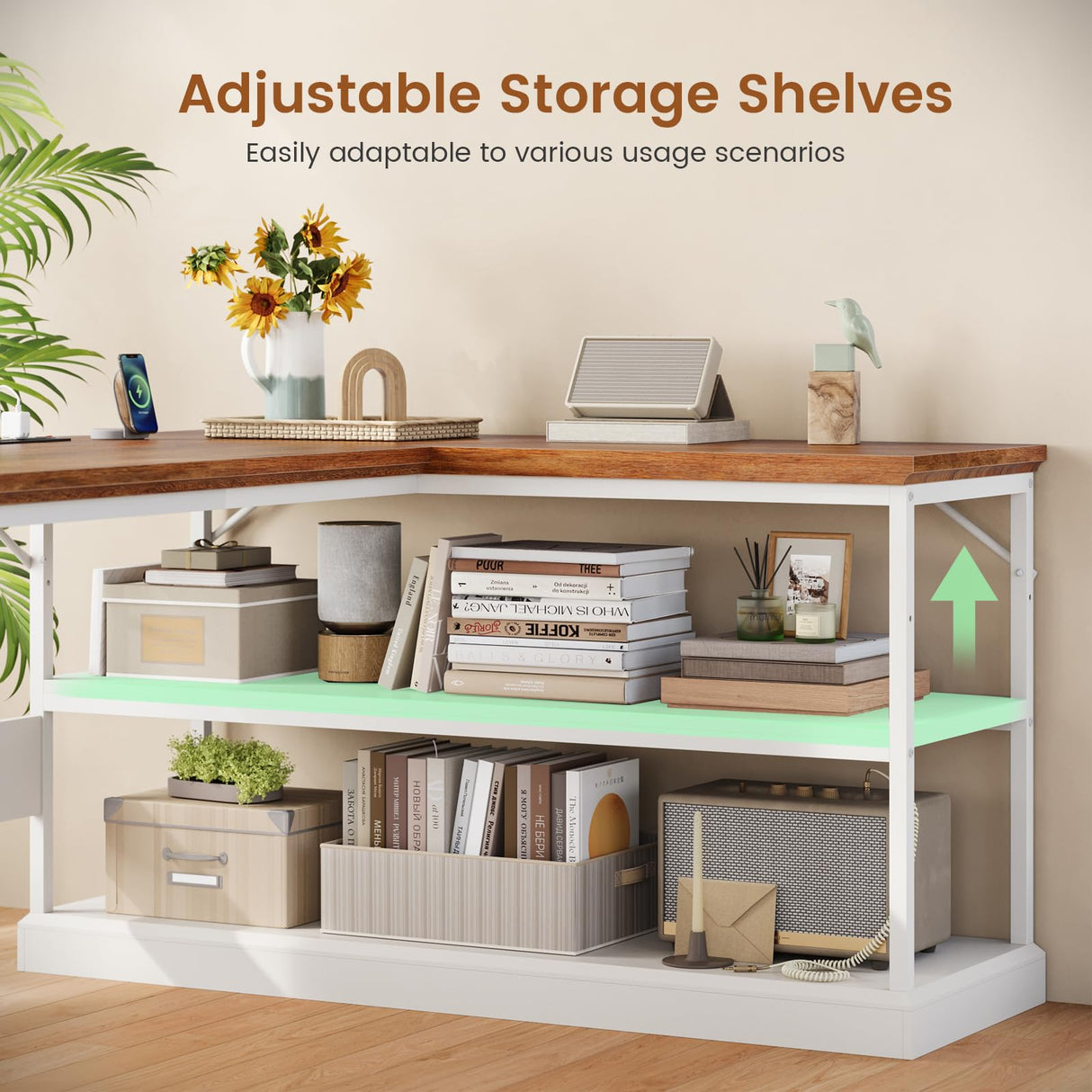 SEDETA L Shaped Desk, Farmhouse Desk with Drawers and Storage Shelves, Executive Home Office Desk with Power Outlet, File Cabinet Storage, Wood Corner Computer Desk, White SEDETA