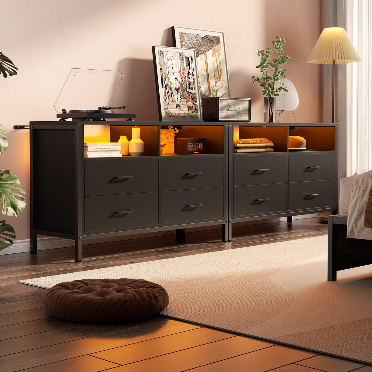 Girapow Dresser for Bedroom, Wooden Bedroom Dresser with LED Lights and Charging Station, 4 Drawers Dressers, Wide Chest of Drawers Storage Organizer TV Stand for up to 50" TV for Living Room, Black Girapow