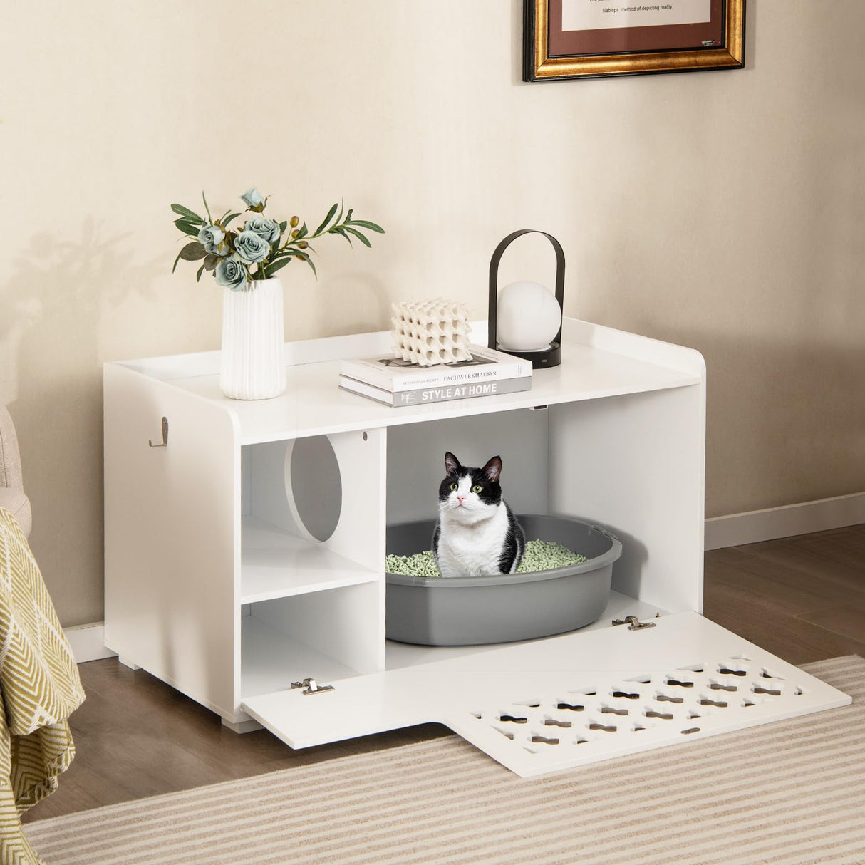 Tangkula Cat Litter Box Enclosure, Hidden Litter Box with Removable Cushion & Flip-Down Opening, Multifunctional Storage Cabinet Bench, Modern Litter Box Furniture Fits Most Litter Box (White) Tangkula