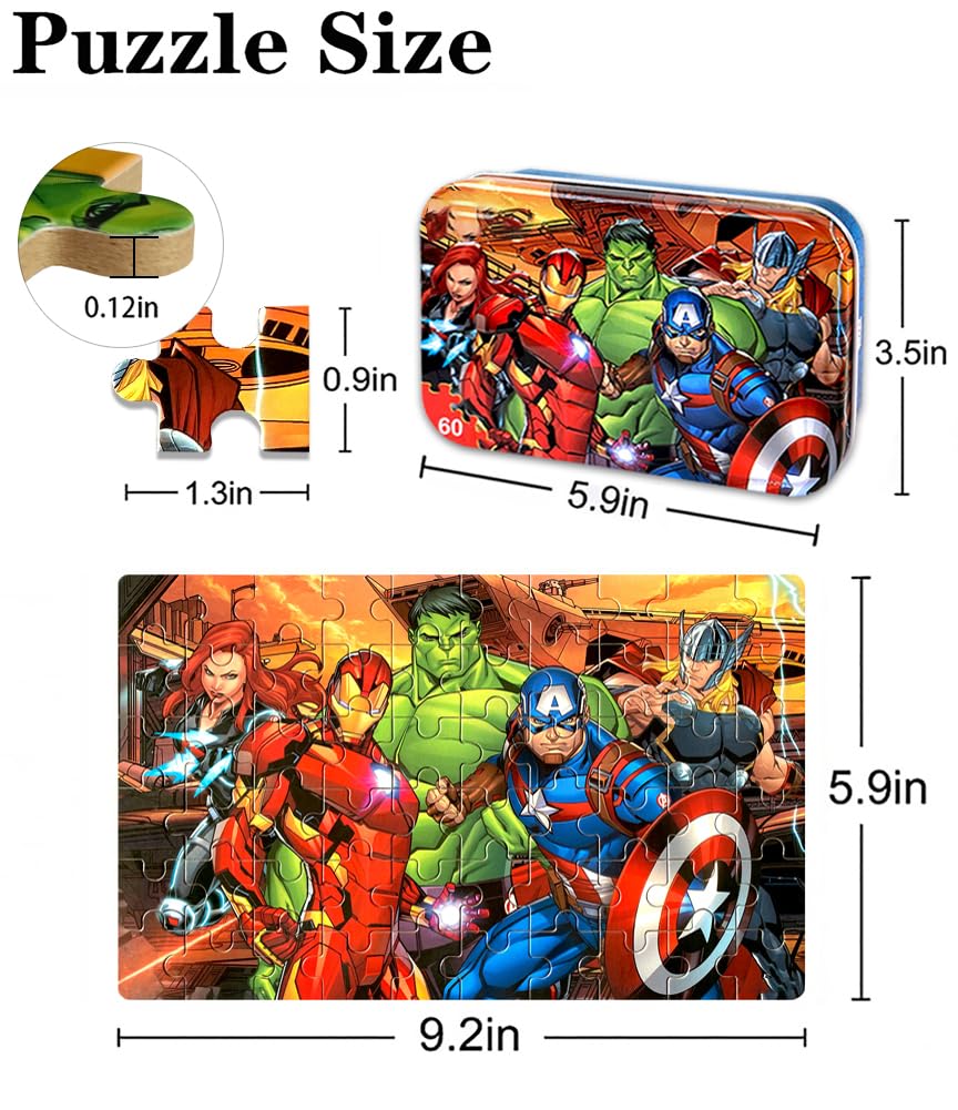 Puzzles for Kids 60 Piece Jigsaw Puzzles for Kids Ages 4-6 Wood Puzzles in a Metal Box Dinosaur Puzzles for Kids Ages 8-10 Great Gifts for Girls and Boys AVENGERS