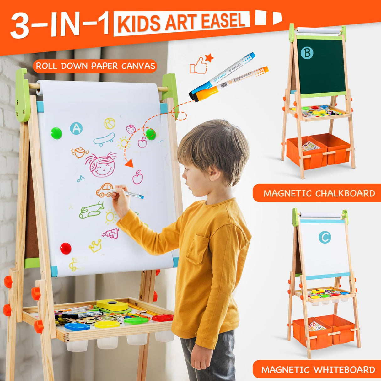 Kids Easel Including 100+ Accessories, Rundad Double Sided Wooden Easel for Kids Age 3-8 with Magnetic Chalkboard & Painting Board, Free Height Adjustable Art Easel Supplies for Toddlers Rundad