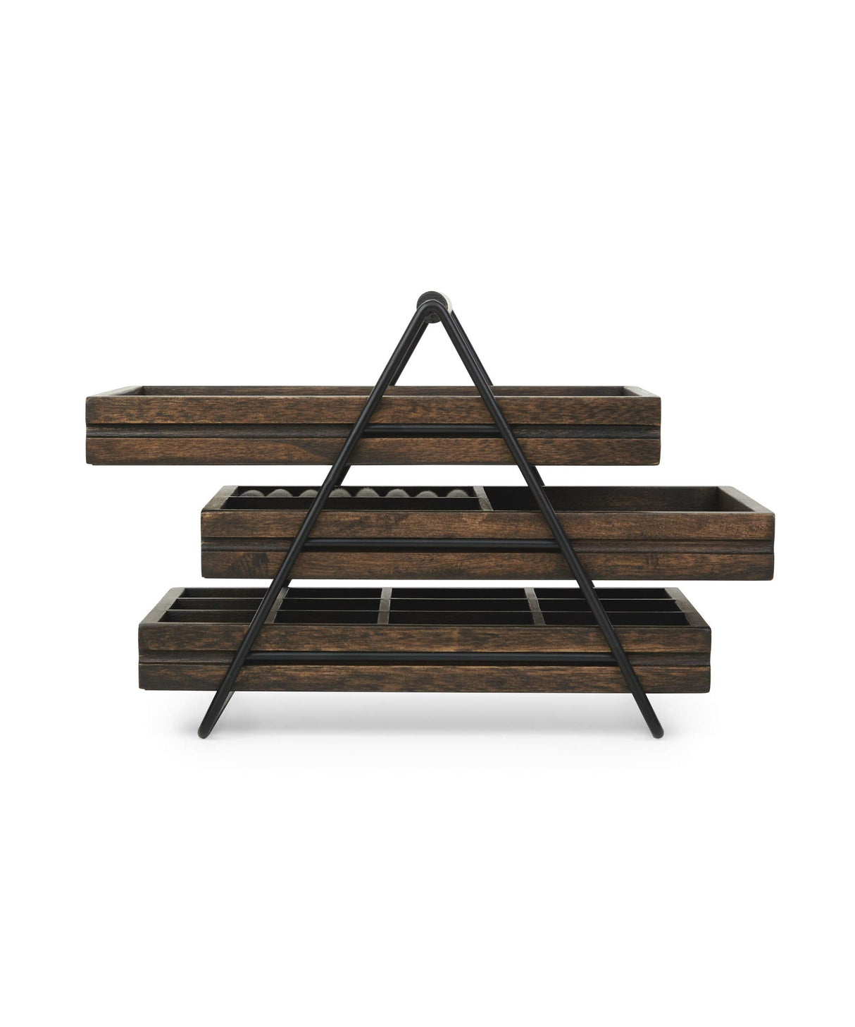 Umbra Terrace Tier Jewelry Three Sliding Linen Lined Wood Trays with Metal Frame and Handle, Easy Storage and Access, Walnut, 3 Each Umbra