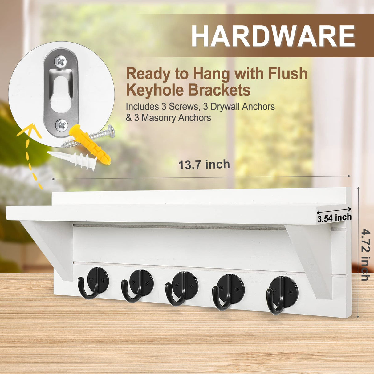 Lwenki Wall Key Holder with Shelf, Rustic Shelf with Hooks Made of Paulownia Wood Holds Keys, Dog Leash, Bags and More - 13.7" W x 4.7" H x 3.5" D Decorative Key Hanger and Entryway Shelf (White) Lwenki