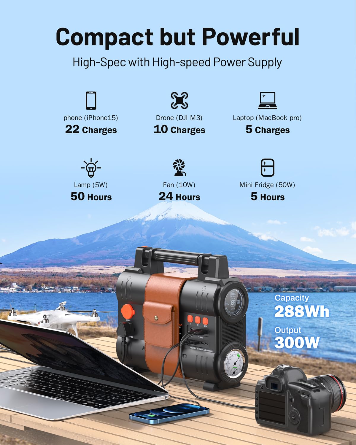 BROWEY Portable Power Station 300W(Peak 600W), 288Wh Solar Generator&USB-C PD100W, LiFePO4 Battery Backup, 110V Pure Sine Wave AC Outlet, for CPAP Outdoor Camping Travel Emergency Home Use BROWEY