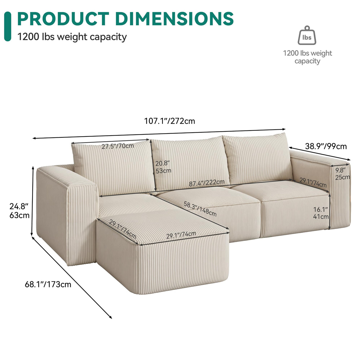 YITAHOME 107 Inch Cloud Modular Sofa with L-Shape Chaise, Deep Seat & 3 Pillows, Corduroy Couch for Living Room Bedroom, No Assembly Needed, Milky White YITAHOME