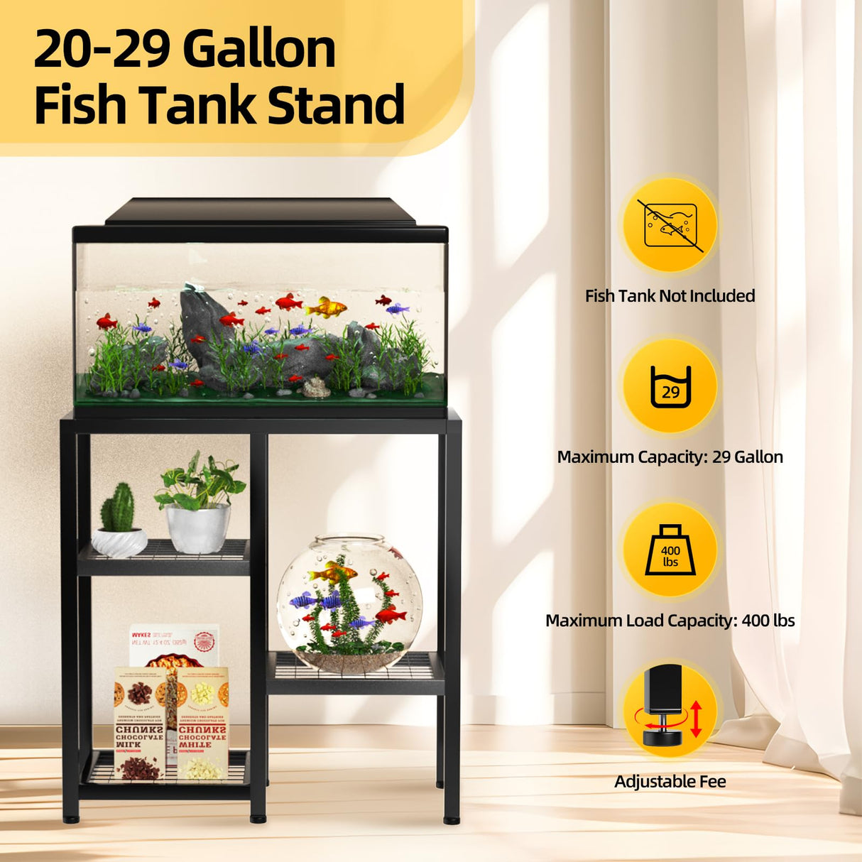 KDSOM 20 Gallon Fish Tank Stand Aquarium Stand, Metal Fish Tank Table, 3 Tier Turtle Reptile Terrarium Tank Stand for Home Office, 29.1" X 12.2" X 29.5", Black KDSOM
