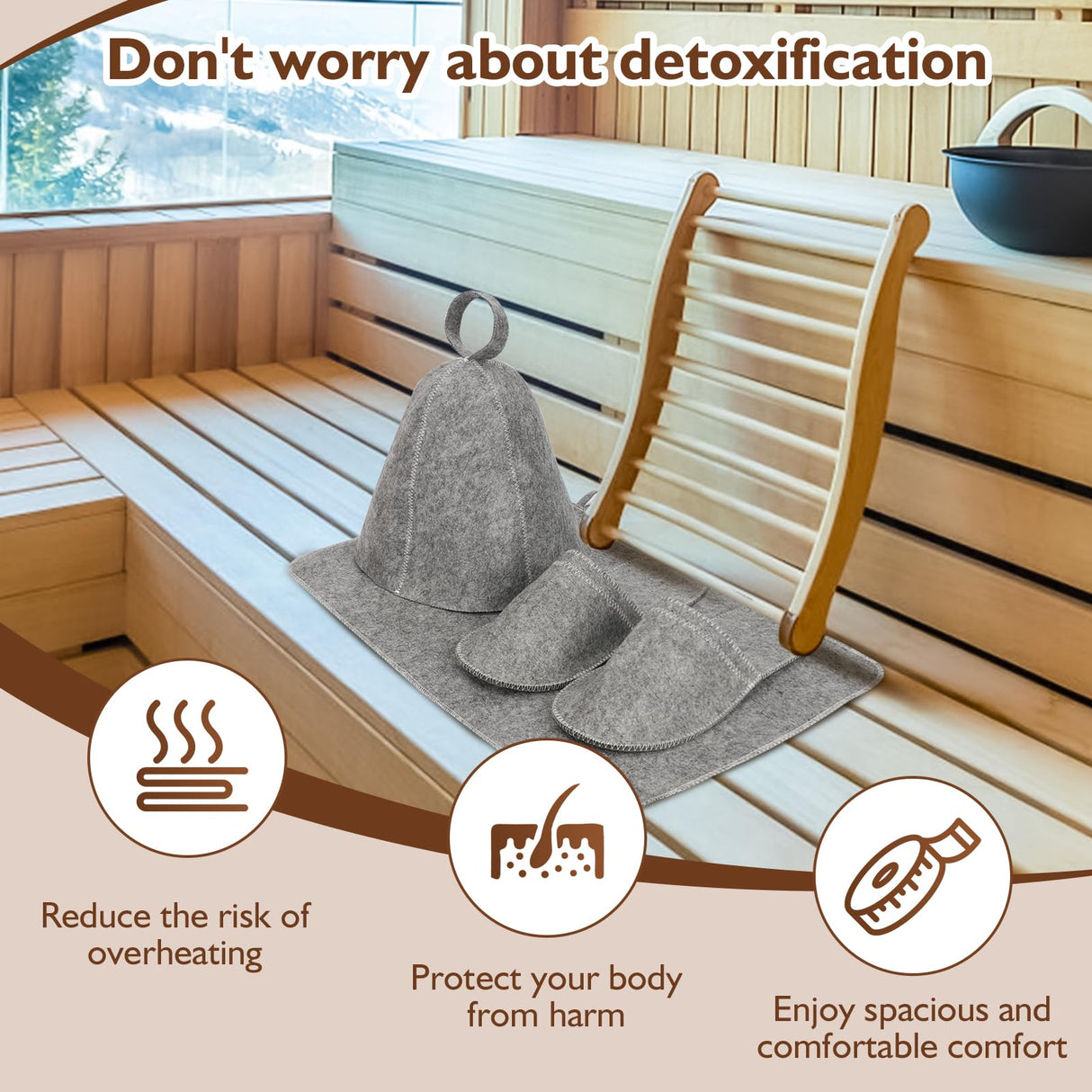 Sauna Backrest Sauna Accessories Wooden Slip-Resistant Non-Toxic Comfortable S-Shape Design Sauna Chair - Sauna Accessories with Felt Sauna Hat, Seat Pad and Slippers for Any Barrel or Infrared Sauna Ziimaikery