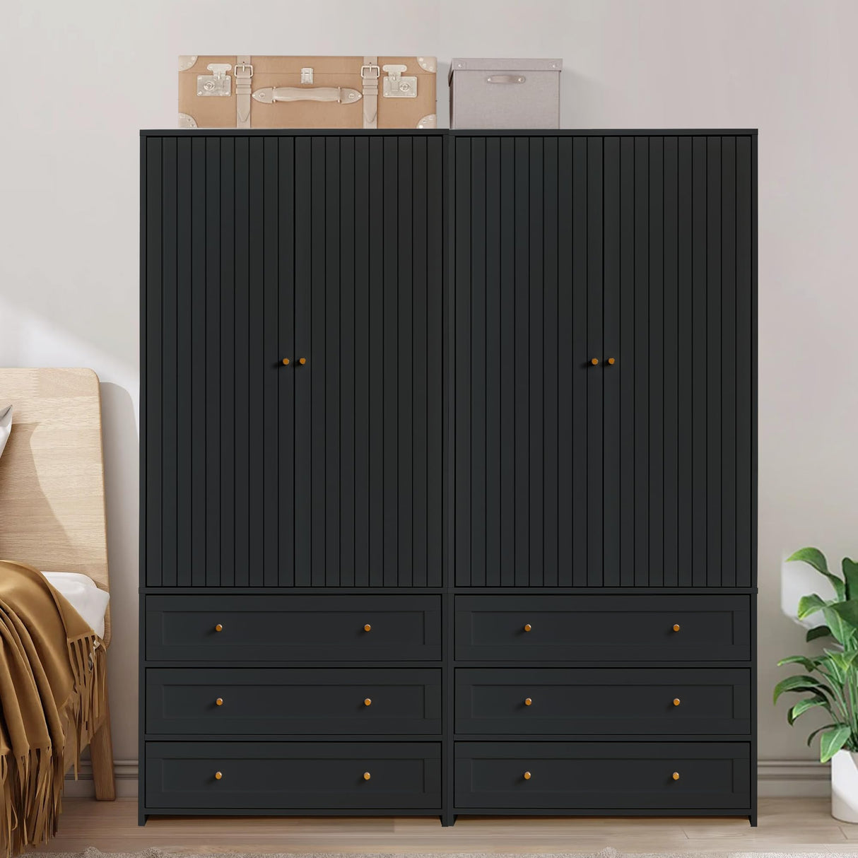 YZRSTY Armoire Wardrobe Closet with 4 Doors and 6 Drawers, 70.87" Tall Wooden Clothes Closet Wardrobe Cabinet, Freestanding Bedroom Storage Armoire for Hanging Clothes, 2-Piece (Black) YZRSTY