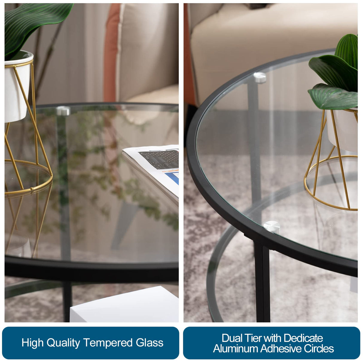 VINGLI 25.6" Round Black Coffee Tables for Living Room, 2-Tier Glass Top Coffee Table with Storage Clear Coffee, Simple & Modern Center Table for Small Space VINGLI