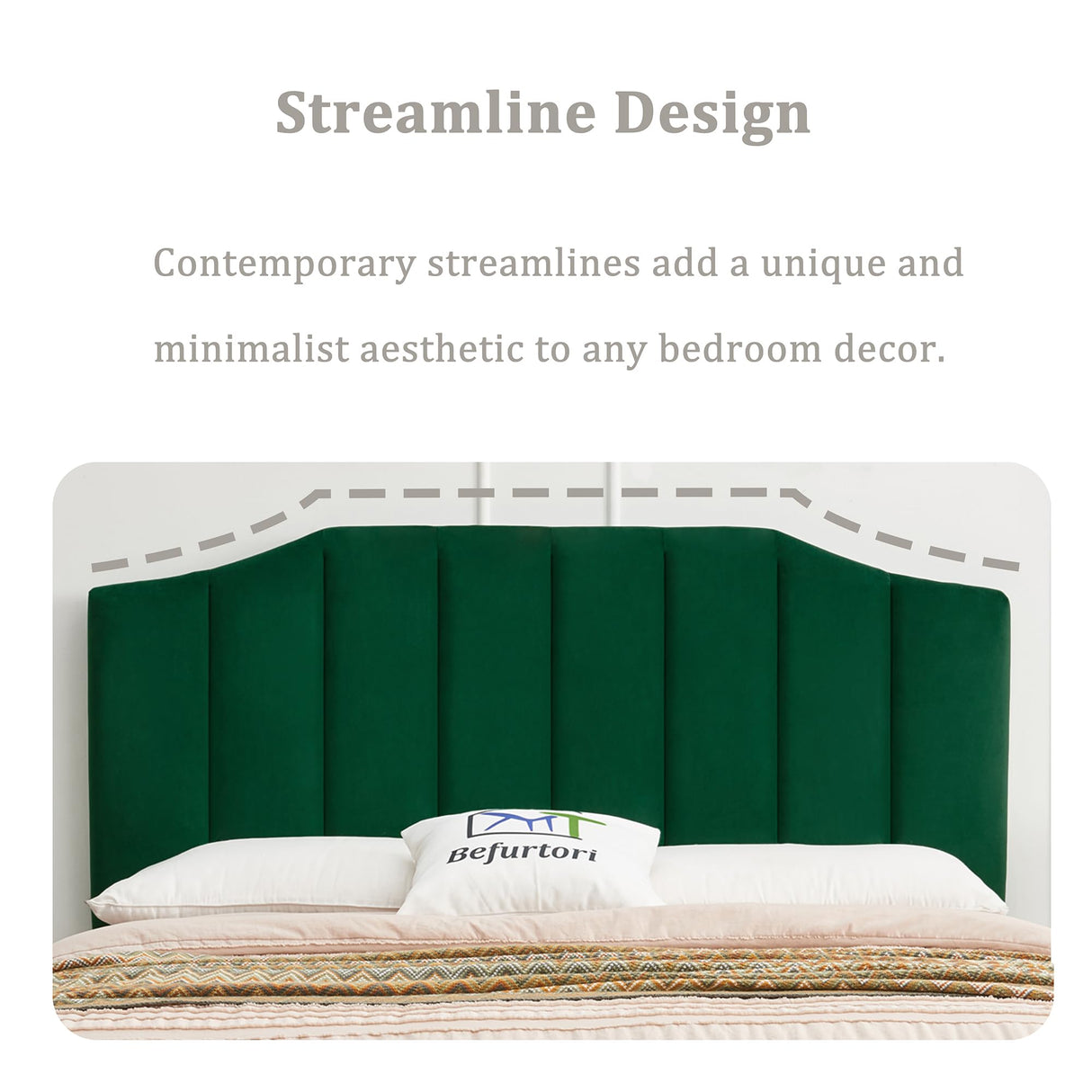 Befurtori Velvet Upholstered Queen/Full Headboard, Tufted Headboard for Queen/Full Bed, Modern Vertical Channel Design with Curved Tufted Solid Wood Befurtori