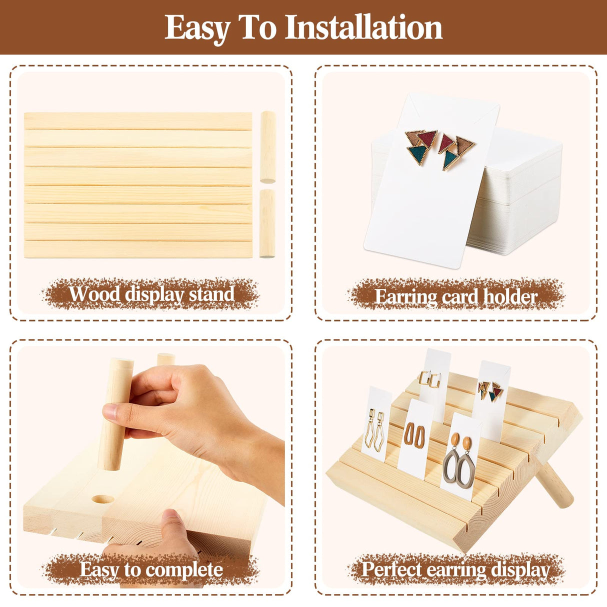 124 Pcs Wood earring card display wooden earring display stand 4 Set Jewelry stand holder with Card for Jewelry Selling(Wood Color) Marsui