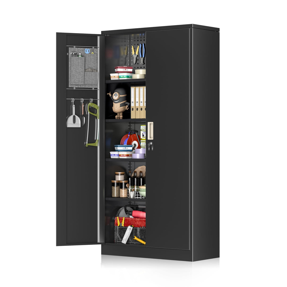 Greenvelly Metal Garage Cabinets with Pegboard,72" Black Steel Storage Cabinet with Doors and Shelves,Tall Tool Cabinet with Looking Doors for Garage,Home Office,Warehouse Greenvelly