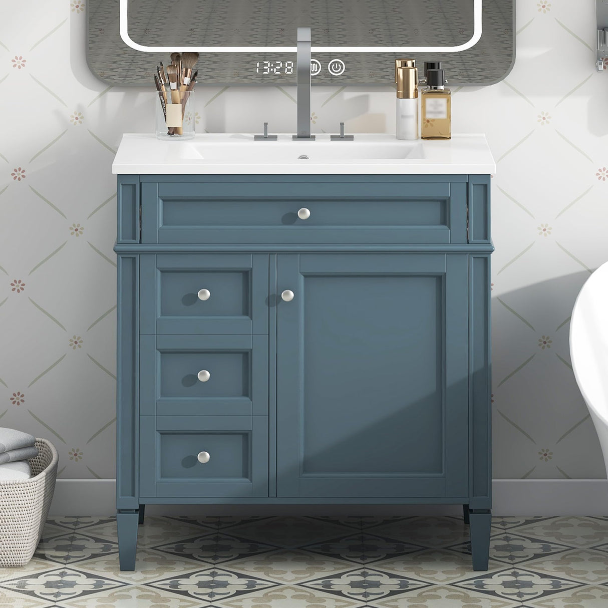 Virubi 30 Inch Bathroom Vanity with Ceramic Sink, Modern Bathroom Storage Cabinet with 3 Drawers and 1 Soft Closing Door, Solid Wood Frame Bathroom Vanities (Blue) Virubi