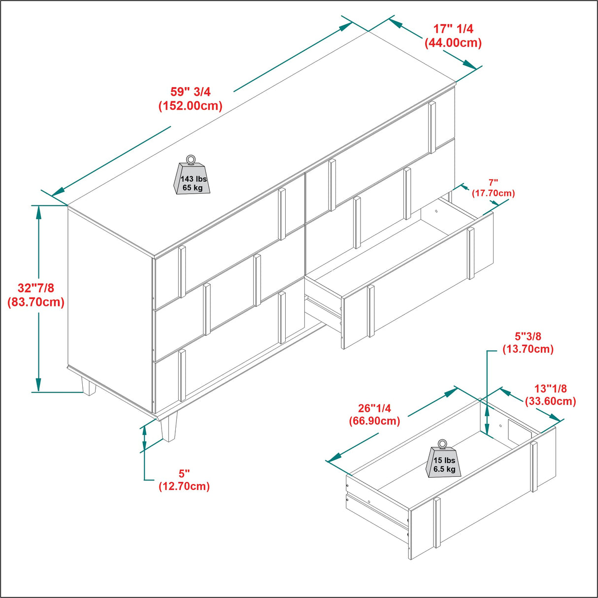 Walker Edison Contemporary Detailed 6-Drawer Solid Wood Dresser, 60 Inch, Walnut-T Walker Edison
