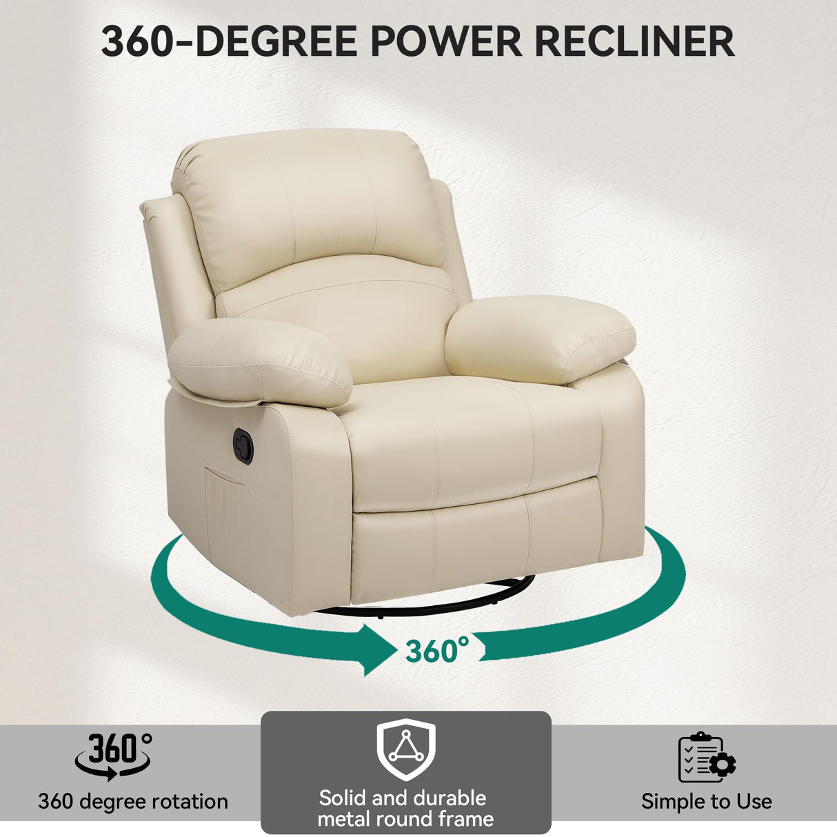 YITAHOME Rocker Recliner Chair with Heat & Massage, Faux Leather Recliner with Overstuffed Armrest, 360° Swivel, Manual Reclining, Rocking Function & Side Pocket for Living Room,Beige YITAHOME