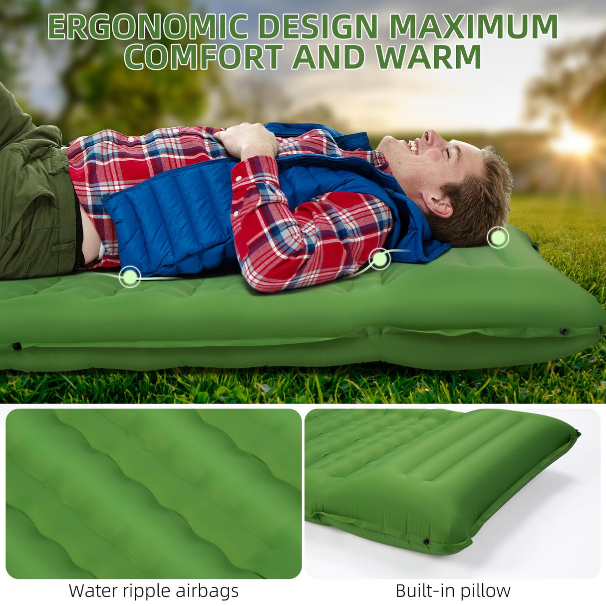 FNARMW Camping Sleeping Pad, Extra Thick 5 Inch Camping Mat with Pillow Built-in Foot Pump Inflatable Sleeping Pads Compact for Camping Backpacking Hiking Traveling Tent(Green) FNARMW
