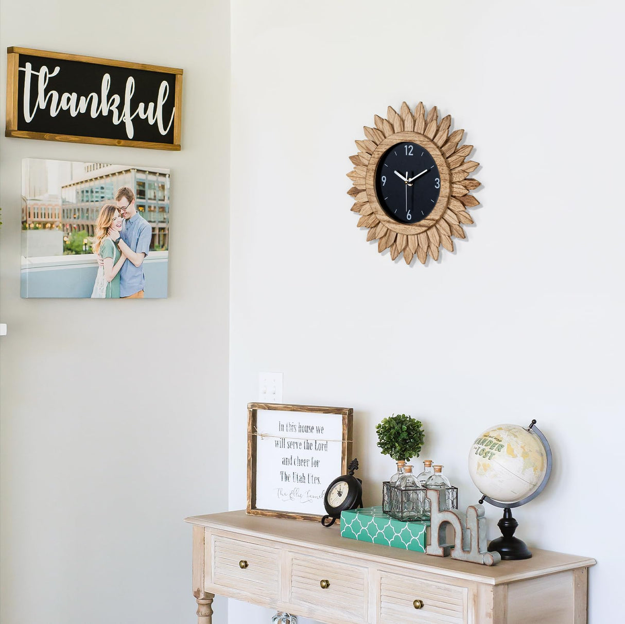 Honiway Wall Clock Battery Operated 12 in Rustic Wood Boho Sunburst Decorative Wall Clock Silent Non Ticking Farmhouse Small Wall Clocks for Living Room Kitchen Bathroom Bedroom Decor (Rustic Brown) Honiway