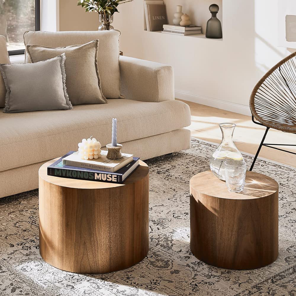 WILLIAMSPACE Nesting Coffee Table Set of 2, Walnut Round Wooden Coffee Tables Modern Circle Table for Small Space Living Room Bedroom Accent End Side Table (Walnut-Round) WILLIAMSPACE